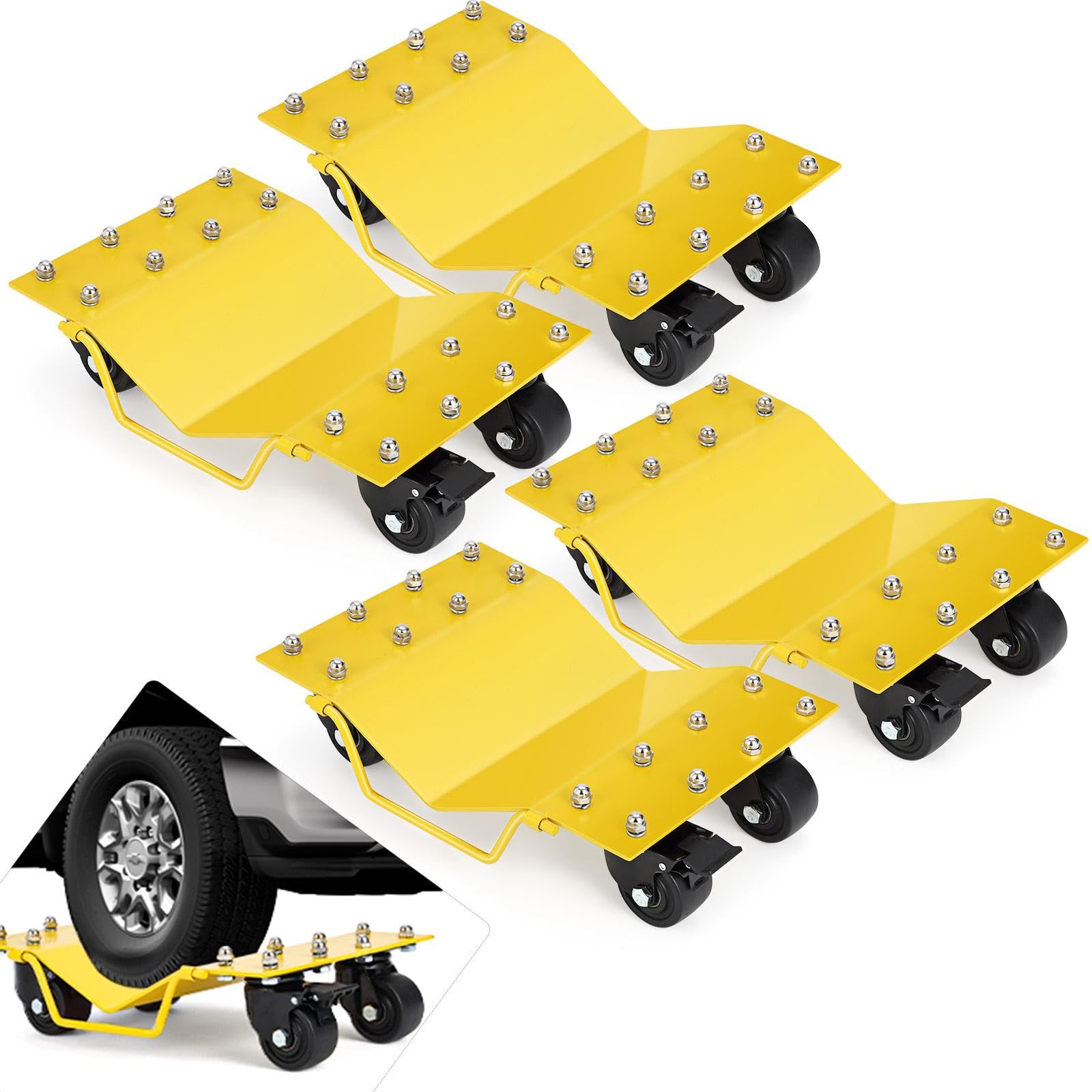 Garvee 4 Pack Car Dollies with Tow Hooks, 8000LBS Capacity Car Dolly with Thickened Handles & Sidebar, Car Wheel Dolly with Security Lock, Car Dolly Set of 4 for Moving Cars, Trucks & Vehicles