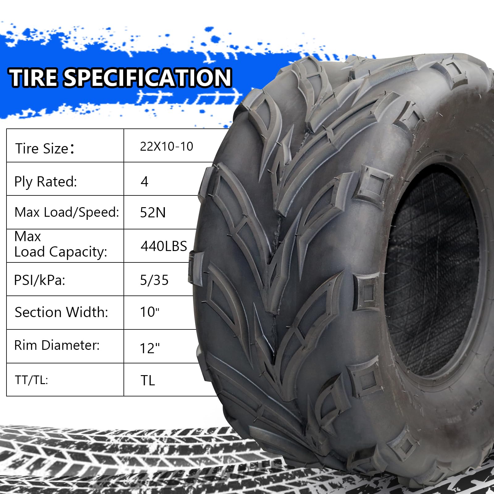 Garvee 22x10-10 ATV Tires, 4PR All Terrain Tubeless, Pack of 2, for ATV UTV Trail Sand Mud Off-Road