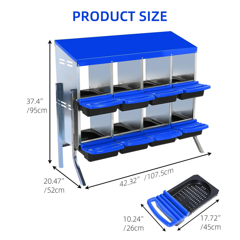 Garvee Chicken Nesting Box 8-Hole Roll Away Egg Laying Box with Lid, Heavy-Duty Galvanized Steel, Blue, Easy Clean & Egg Collection