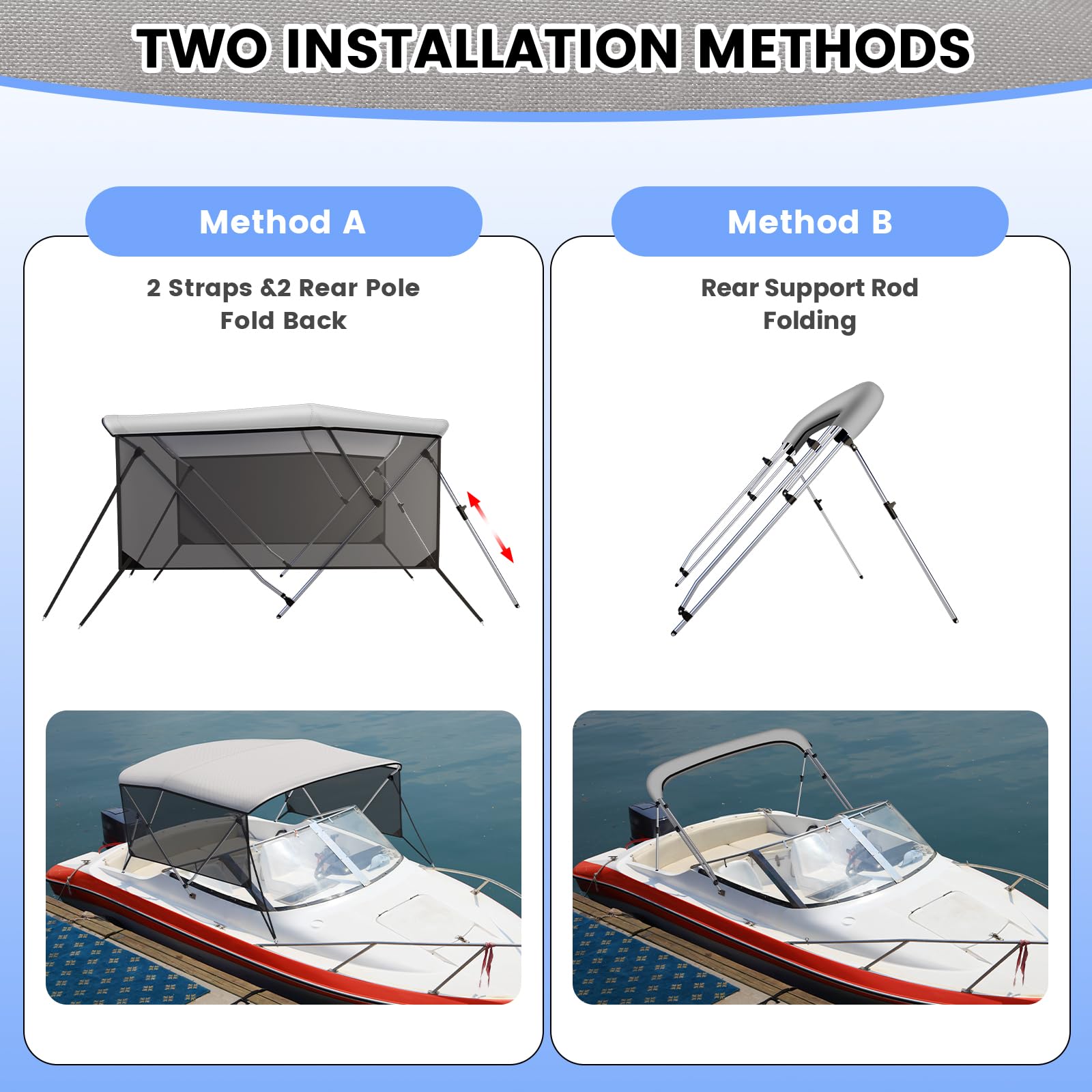 Garvee 3 Bow 6'L x 46" H x 79"-84" W Bimini Tops UV Protection Adjustable Poles Marine Grade Canvas Easy Install