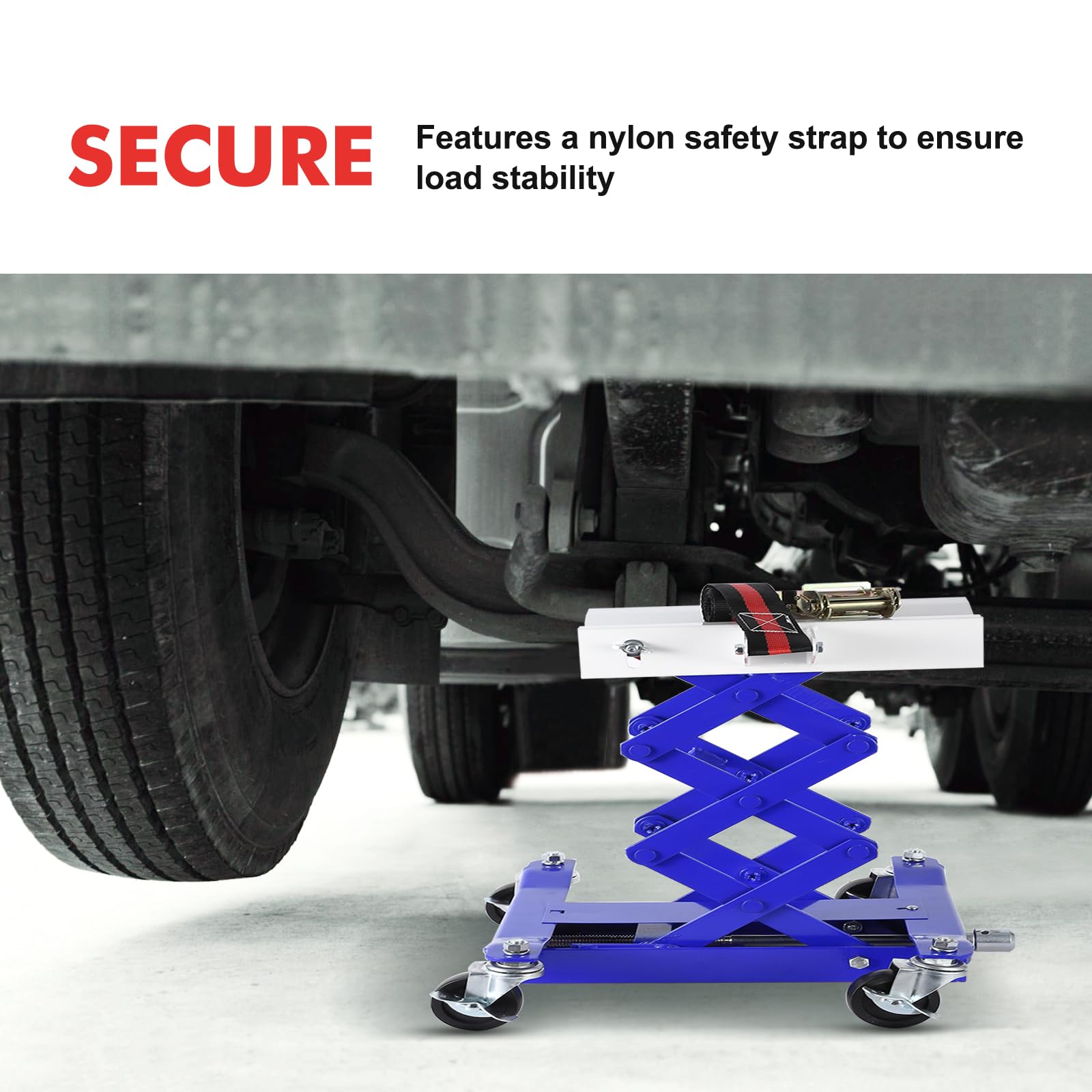 Garvee 450 LBS Capacity Low Profile Transmission Jack with 2M Safety Straps, 7-23 in Lift Range, Heavy Duty Auto Repair Lifting Jack with 4 Wheels for for Smaller Vehicles, Blue