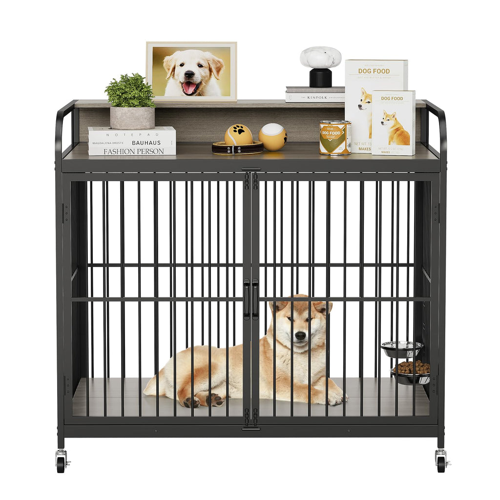 Garvee Dog Crate Furniture, Dog Crate Indoor with Adjustable Height Bowls, Wooden Heavy Duty, 39.8 Inch Dog Kennel Furniture for Medium Dogs, 39.8" L X 22.5" W X 38.6" H,Grey
