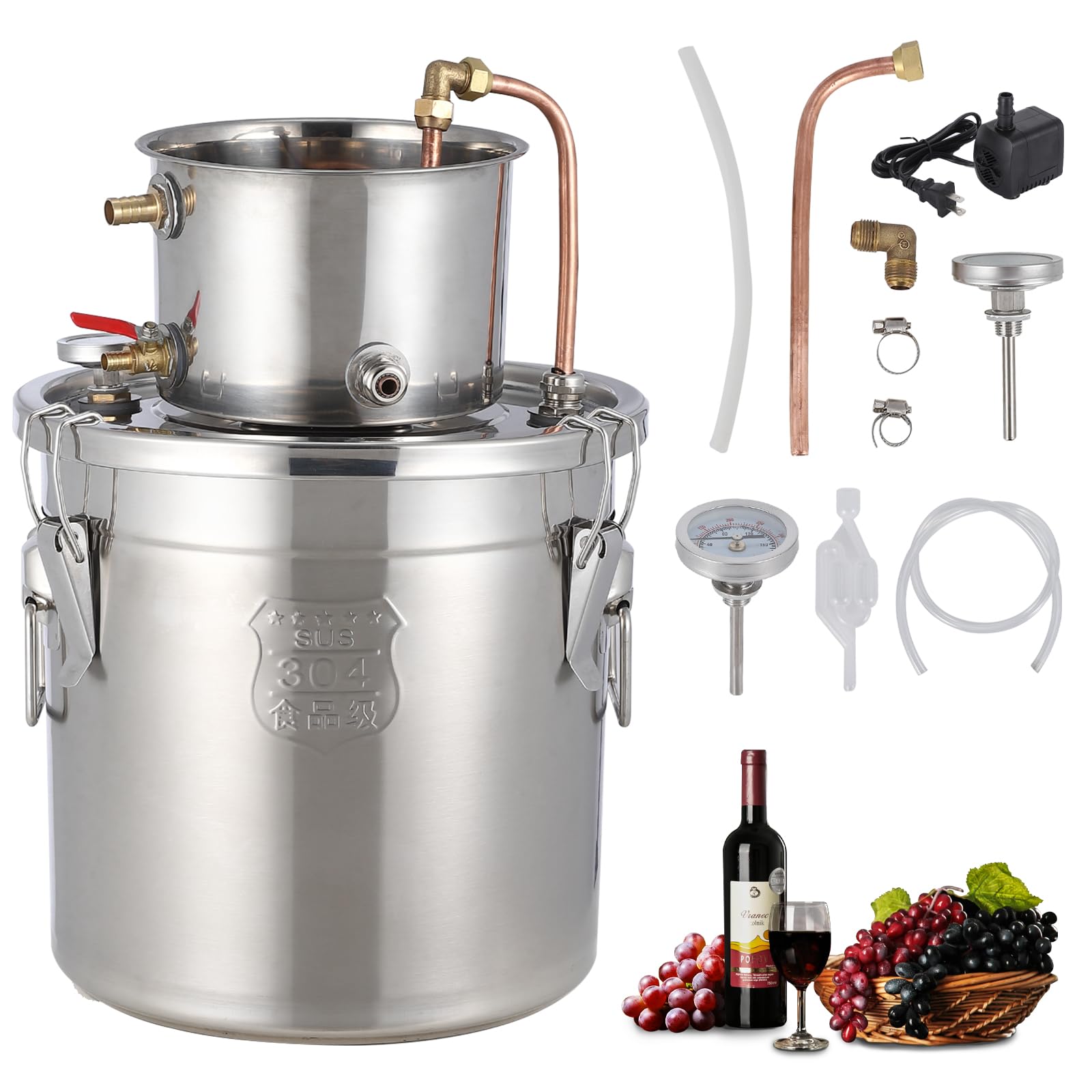 Garvee 5Gal Alcohol Distiller Spirits Kit with Circulating Pump, Copper Tube & Dual Display Thermometer for Home Brew Wine Making, Stainless Steel