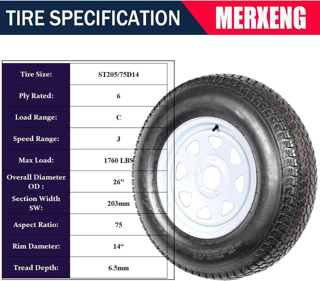 Garvee Set of 4 ST205/75D14 Trailer Tires with 14'' Rims, 5 Lug 4.5'', Load Range C, 6PR, White, Durable All-Season