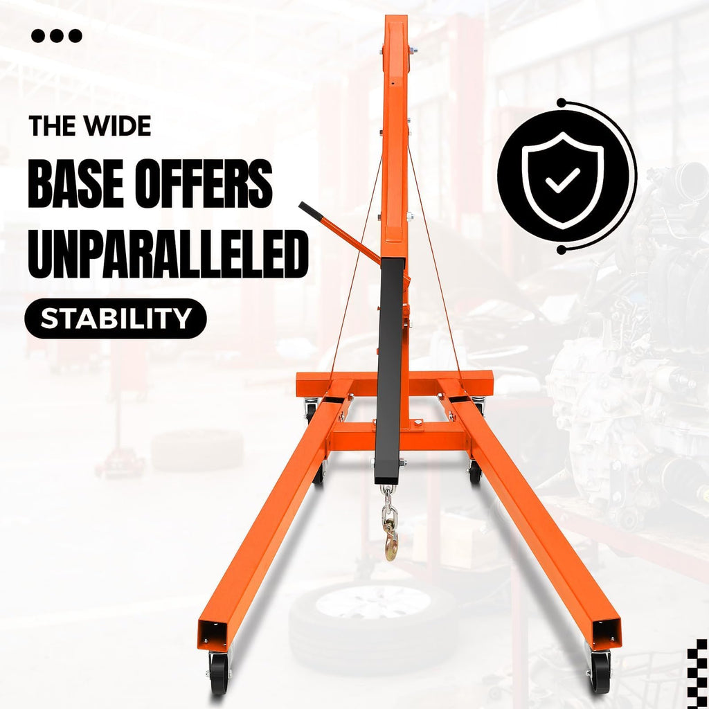 Garvee 2-Ton Folding Engine Hoist Hydraulic Shop Crane Lift With 6 Casters Telescopic Boom For Garage Workshop Factory 4400 LB Orange