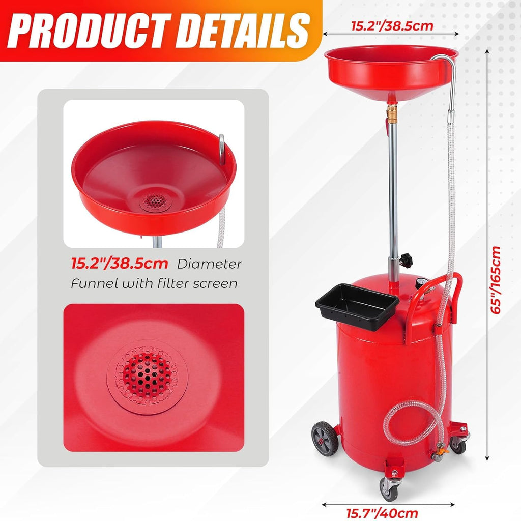 Garvee 20 Gallon Oil Drain Tank with Adjustable Funnel, Portable Air-Operated Container, Rust-Proof, Wheels & Toolbox, Red