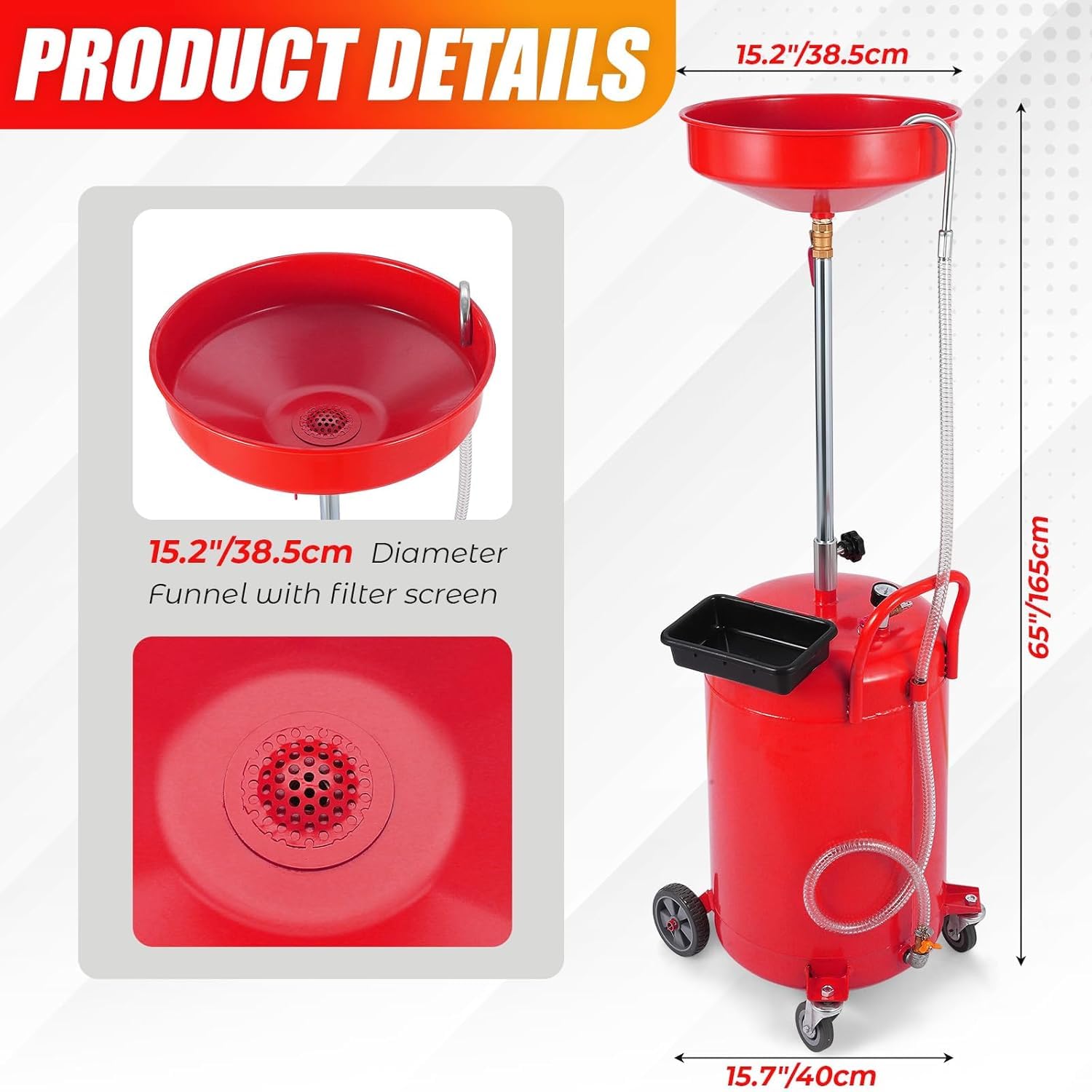 Garvee 20 Gallon Oil Drain Tank with Adjustable Funnel, Portable Air-Operated Container, Rust-Proof, Wheels & Toolbox, Red