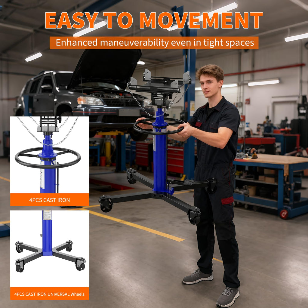 Garvee 1320lbs Transmission Jack Lift - 2-Stage Heavy-Duty High Lift Transmission Stand with Dual Spring-Loaded Pedals, 34"-68" Lifting Range, Blue