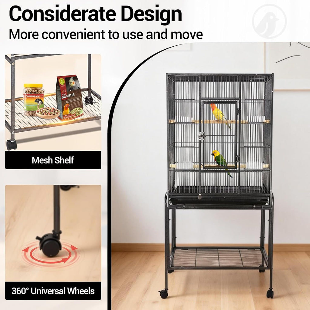 Garvee Bird Cage with Wheels, 53 Inch Bird Flight Cage, Wrought Iron Standing Large Parrot Parakeet Flight Birds Cages with Slide Out Tray Parrot Metal Parakeet Cages with Wooden Perches Black
