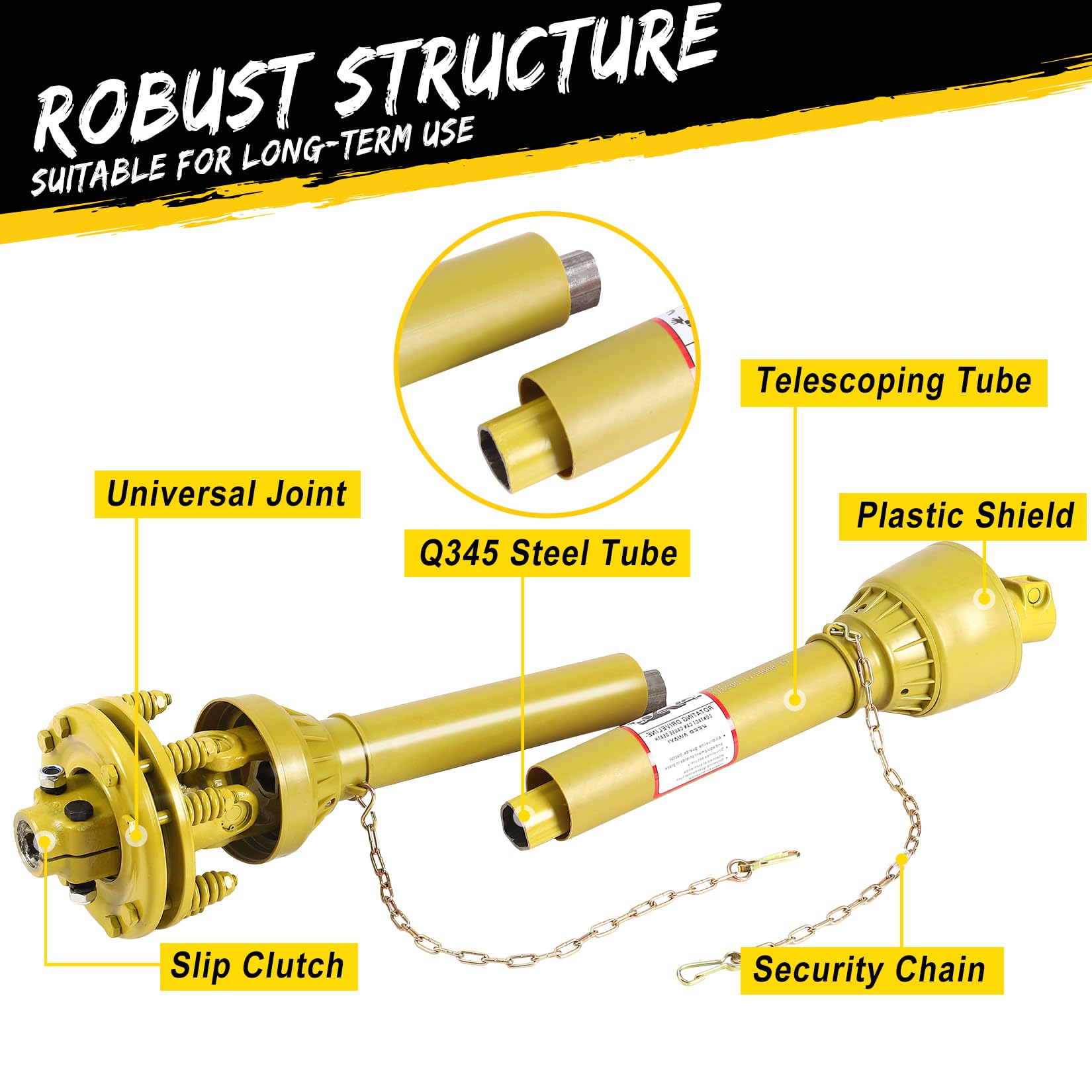 Garvee 1-3/8" Pto Drive Shaft with Slip Clutch, 6 Spline Both Ends Pto Shaft, Series 4 Tractor Pto Drive Line Shaft,31.5"-41"Brush Pto Friction Shaft, Pto Shaft for Bush/Rotary Cutter/Finish Mower