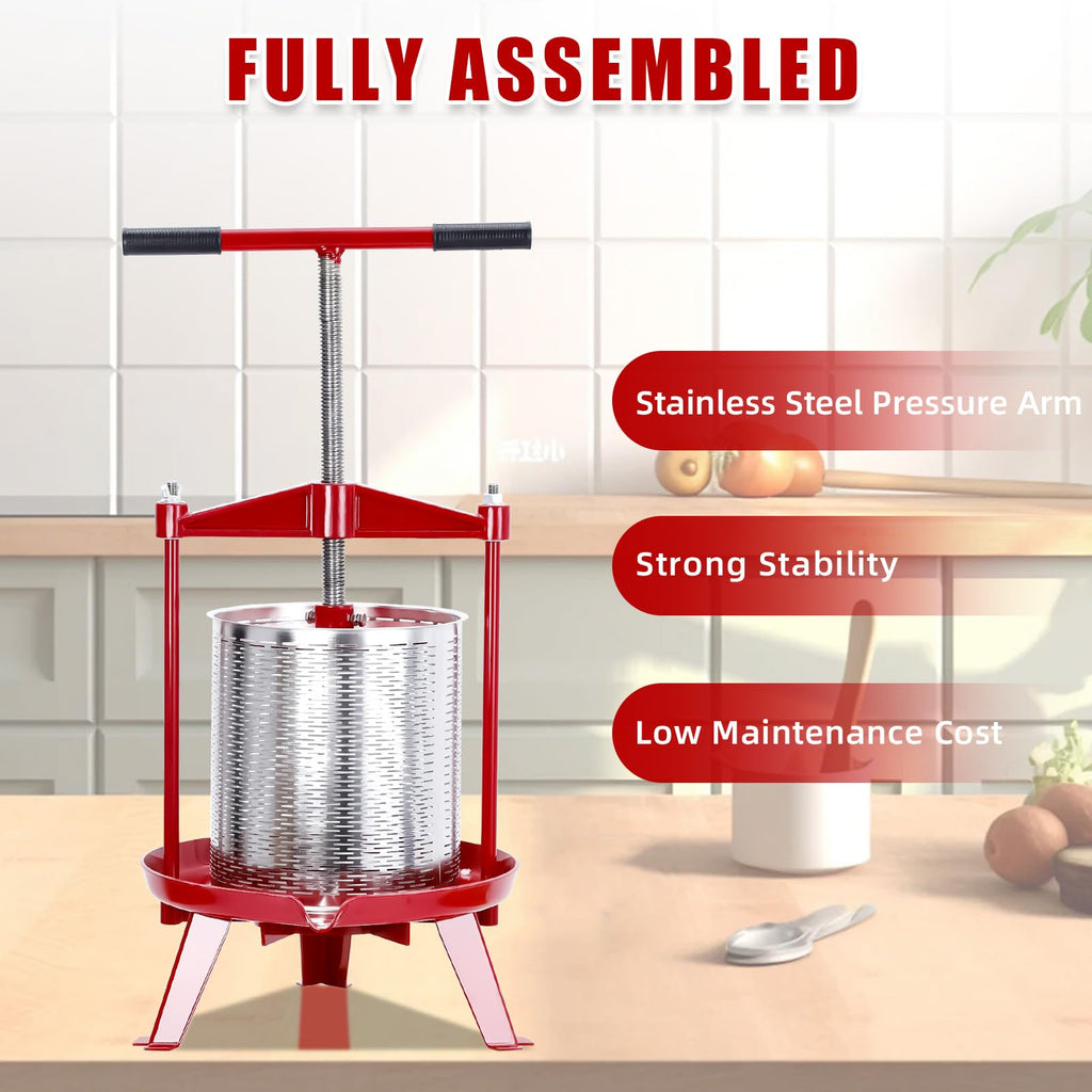 Garvee Manual Fruit Wine Press 3.69 Gal, Stainless Steel Fruit and Wine Press with T-Handle, Stable Triangular Structure, Wine Making Press for Outdoor, Kitchen