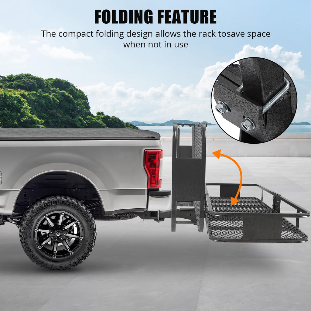 Garvee Hitch Mount Cargo Carrier Basket (60" x 20" x 5.9") – 200 lbs Capacity, Includes 15 Cubic Feet Waterproof Bag, Hitch Stabilizer, Net & Straps, 2-Inch Folding Shank, Steel Construction