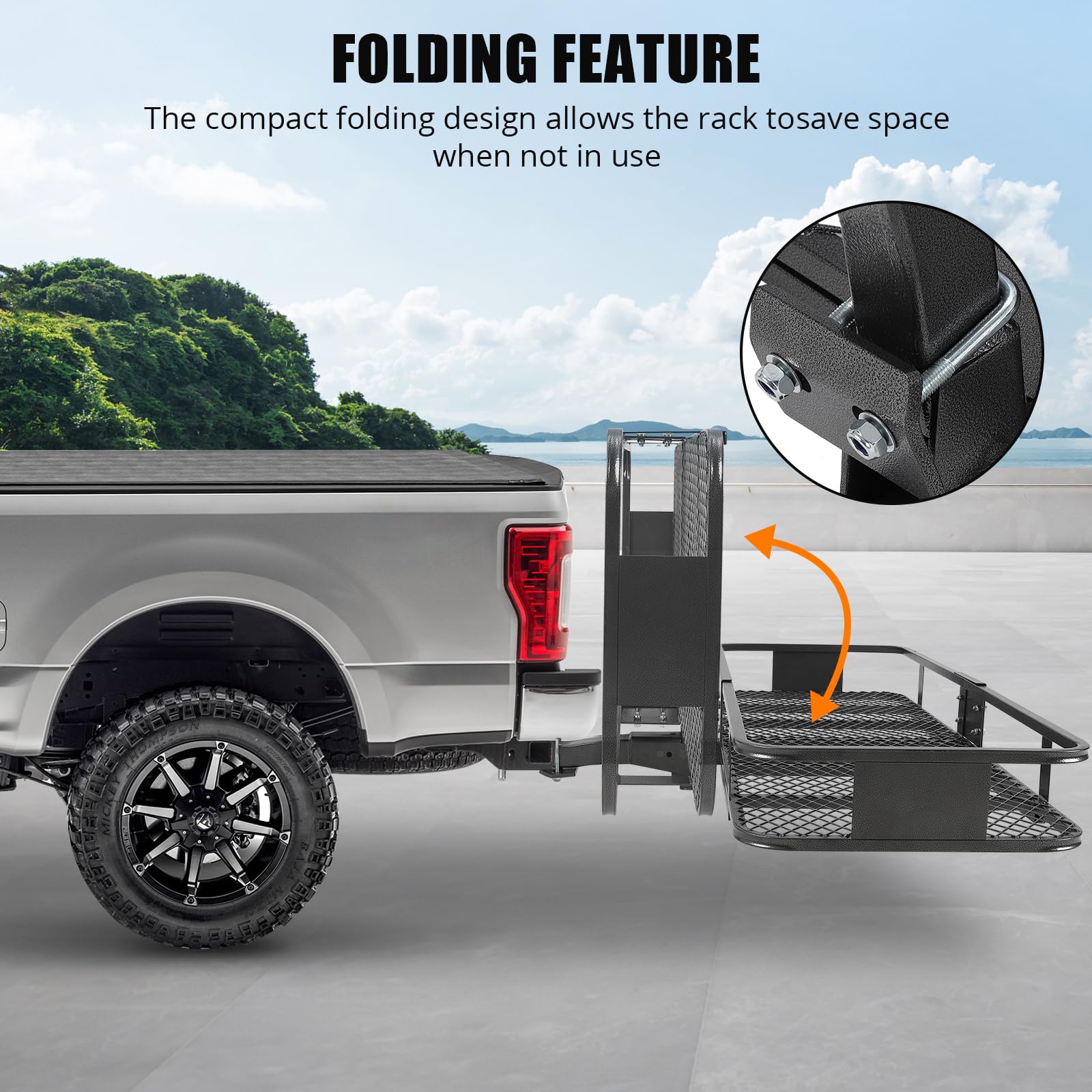 Garvee Hitch Mount Cargo Carrier Basket (60" x 20" x 5.9") – 200 lbs Capacity, Includes 15 Cubic Feet Waterproof Bag, Hitch Stabilizer, Net & Straps, 2-Inch Folding Shank, Steel Construction