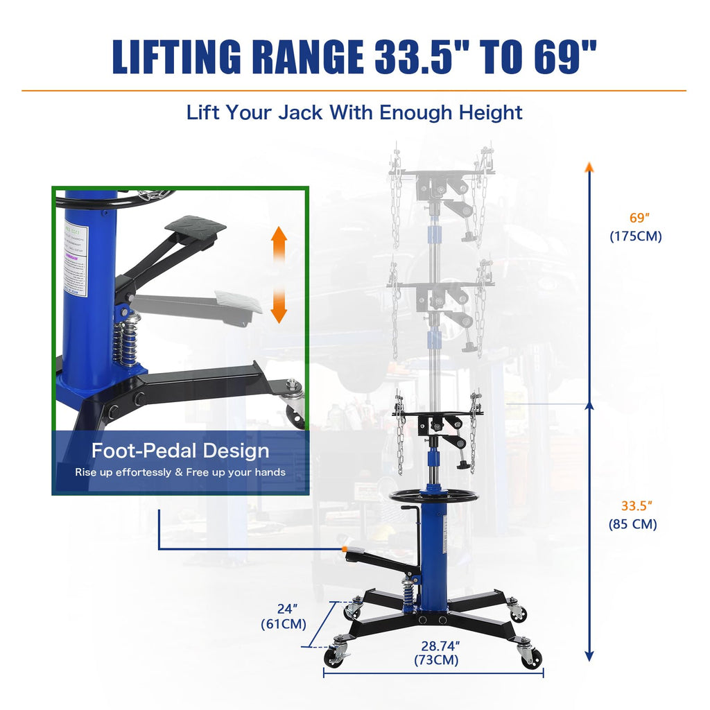 Garvee Transmission Jack, 1/2 Ton/1100 lbs Capacity 2 Stage Adjustable Hydraulic Telescopic Transmission Jack with Foot Pedal, 33.5"-69" High Lift and 360° Swivel Wheel, Garage/Shop Lift Hoist, Blue