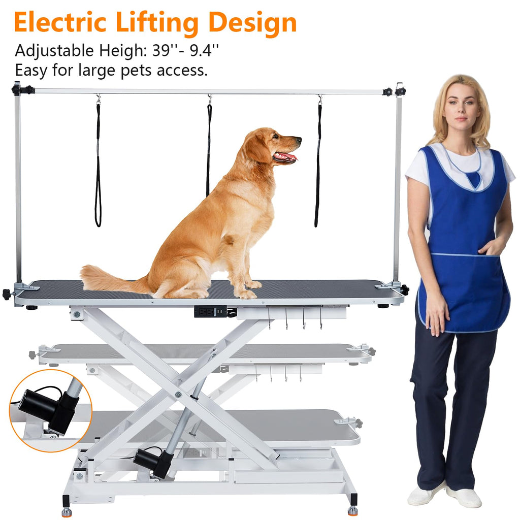 Garvee 48" Electric Dog Grooming Table, Stainless Steel, Non-slip Surface, Remote Lifting, Pet Grooming Table with Adjustable Overhead Arm & Noose for Home Use, White