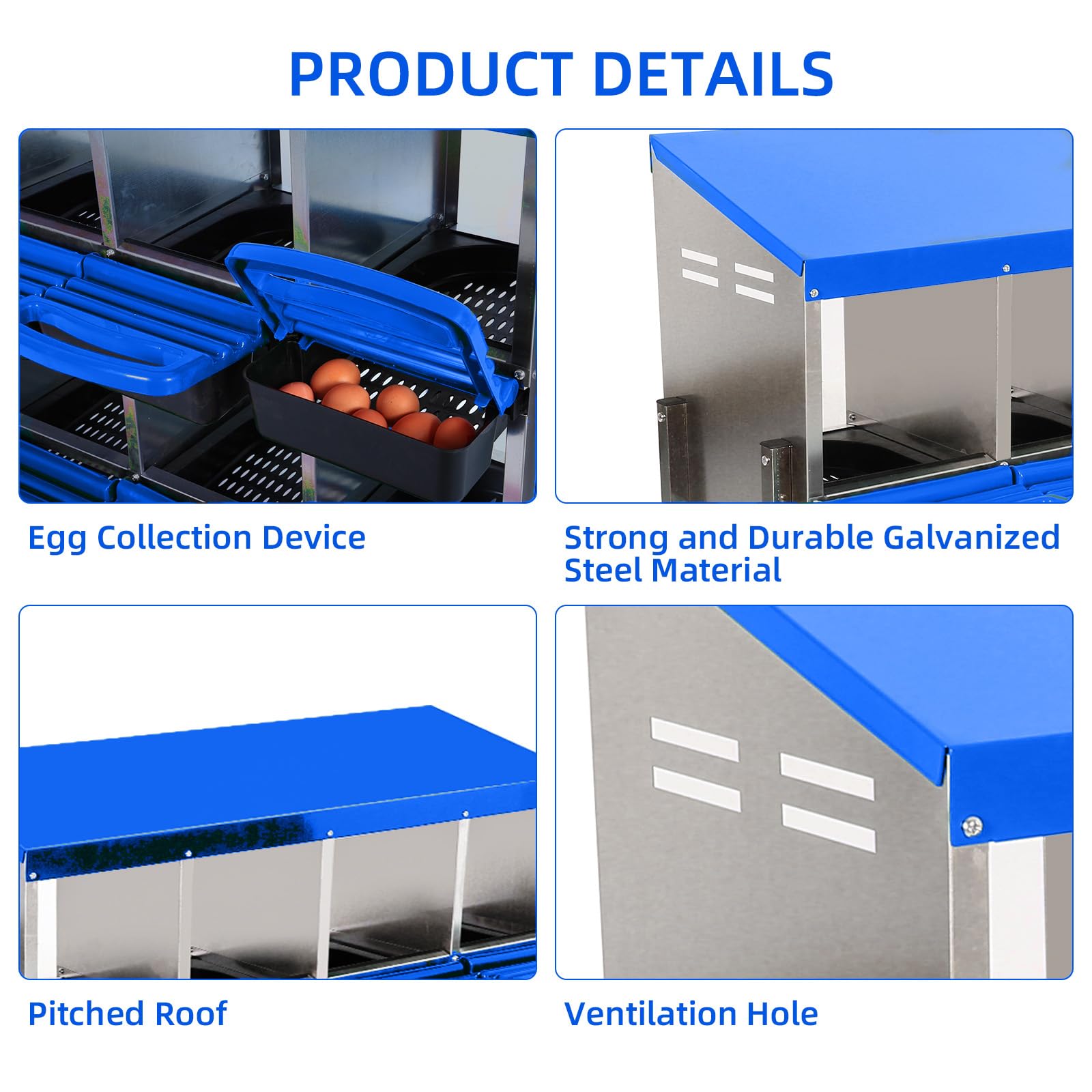 Garvee Chicken Nesting Box 8-Hole Roll Away Egg Laying Box with Lid Heavy-Duty Galvanized Steel Rustproof Design Wall-Mountable Blue