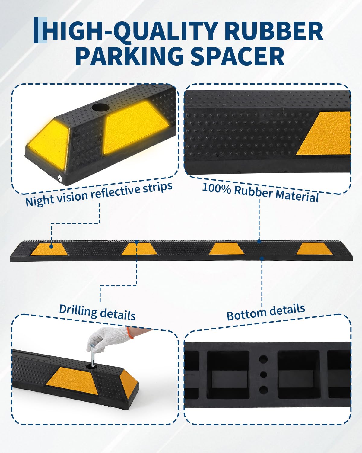 Garvee 72-Inch Heavy-Duty Rubber Parking Curb - Durable 6 ft Auto Wheel Stopper with Reflective Stripes for Garage, Driveway, and Parking Lots, Yellow & Black