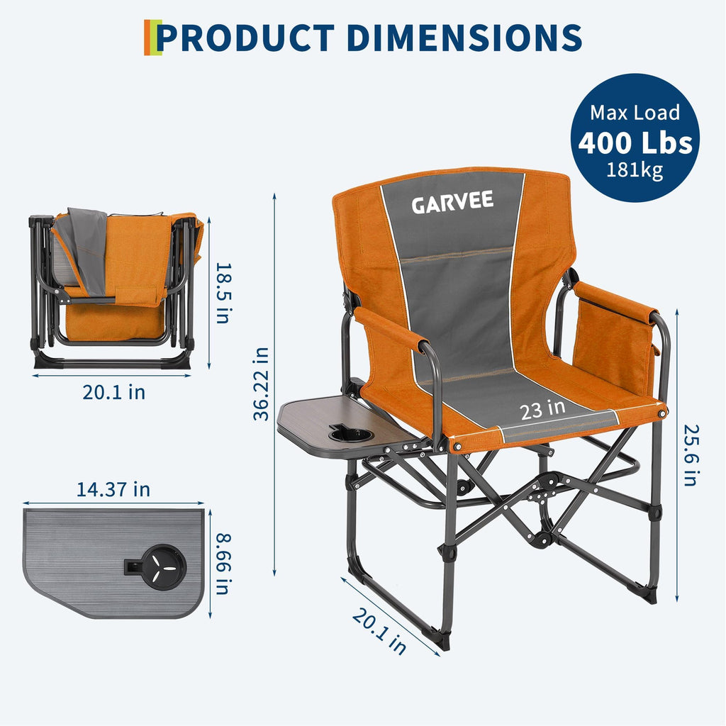 Garvee Oversized Directors Camping Chair Portable Folding Chair for Adults Support 400 lbs Heavy Duty Lawn Chair with Side Table for Camping Sports Picnic Beach Fishing 2 PCS Orange