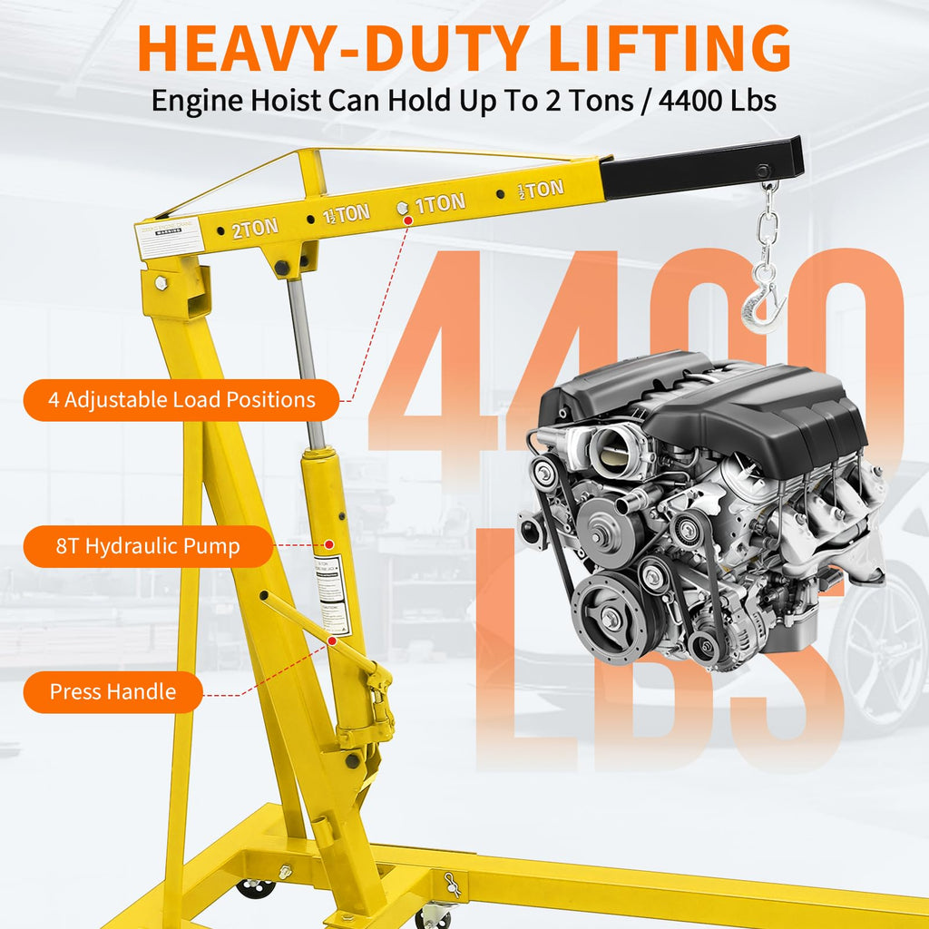 Garvee 2-Ton Folding Engine Hoist Hydraulic Shop Crane With Telescoping Boom 6 Caster Wheels, Yellow