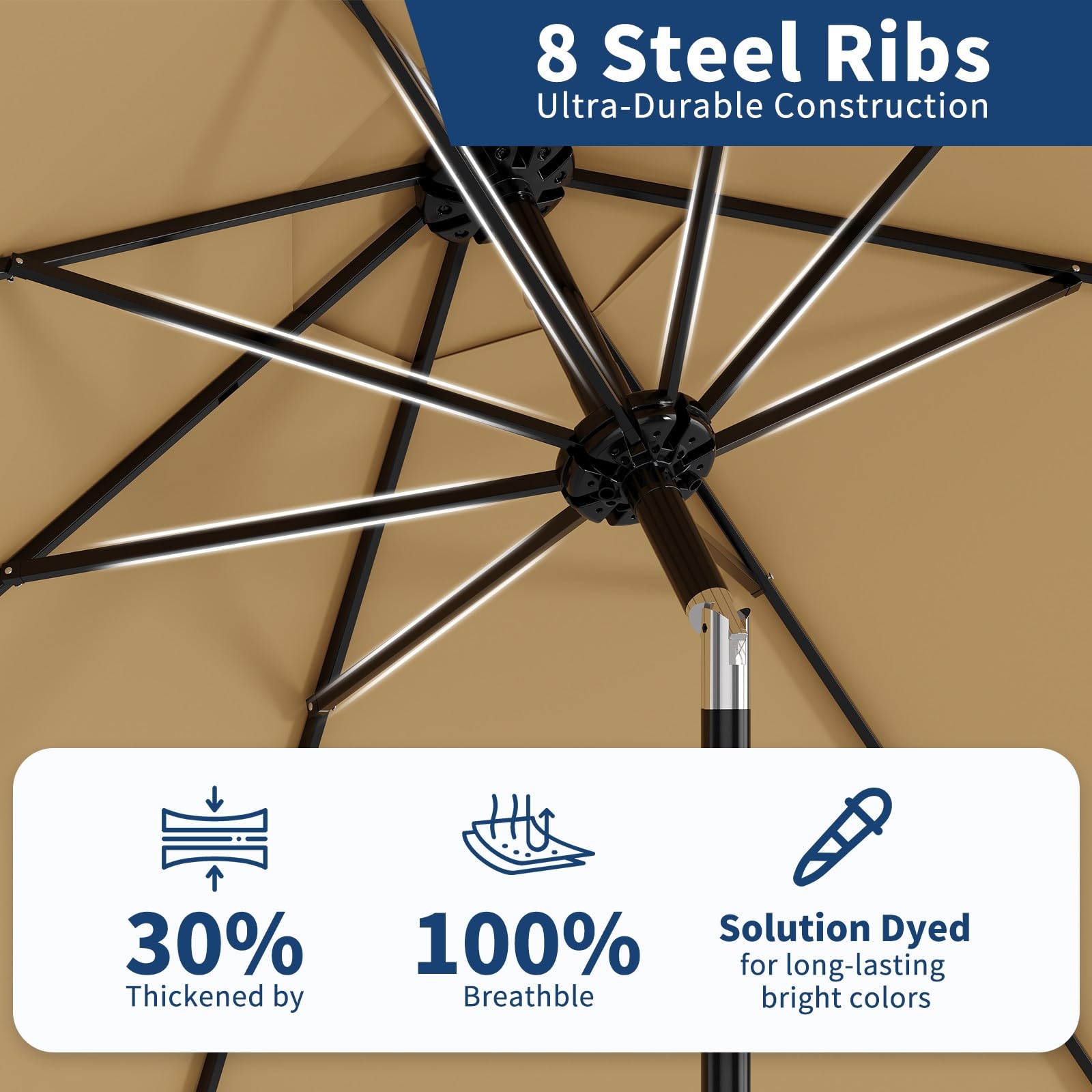 Garvee 10' Patio Umbrella with Crank Lift & Push Button Tilt – 8 Sturdy Ribs Table Umbrella for Yard, Deck, Pool, Outdoor Patio, Tan