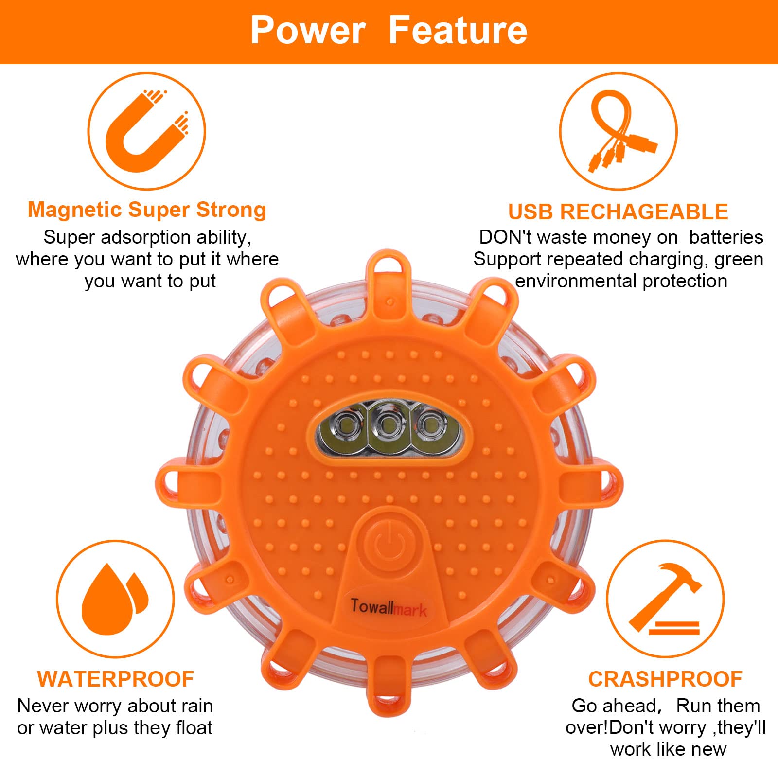 Garvee 3 Pack USB Rechargeable LED Road Flares Emergency Lights Roadside Safety Beacon Disc Flashing Warning Flare Kit with 1 USB Car Charger,Magnetic Base & Hook for Car Truck Boats (Batteries Included)