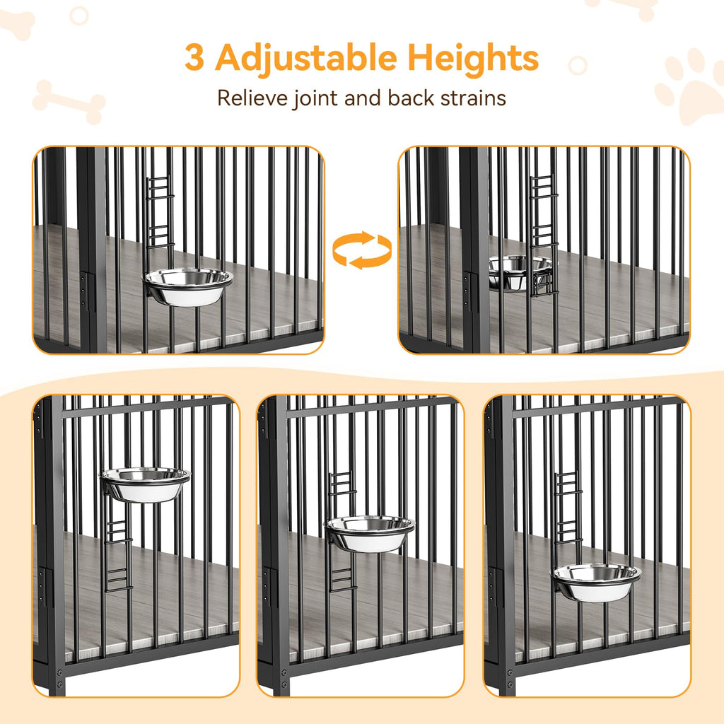 Garvee Dog Crate Furniture, Dog Crate Indoor with Adjustable Height Bowls, Wooden Heavy Duty, 39.8 Inch Dog Kennel Furniture for Medium Dogs, 39.8" L X 22.5" W X 38.6" H,Grey