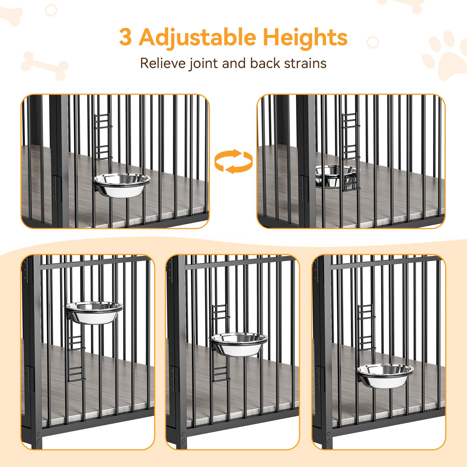 Garvee Dog Crate Furniture, Dog Crate Indoor with Adjustable Height Bowls, Wooden Heavy Duty, 39.8 Inch Dog Kennel Furniture for Medium Dogs, 39.8" L X 22.5" W X 38.6" H,Grey