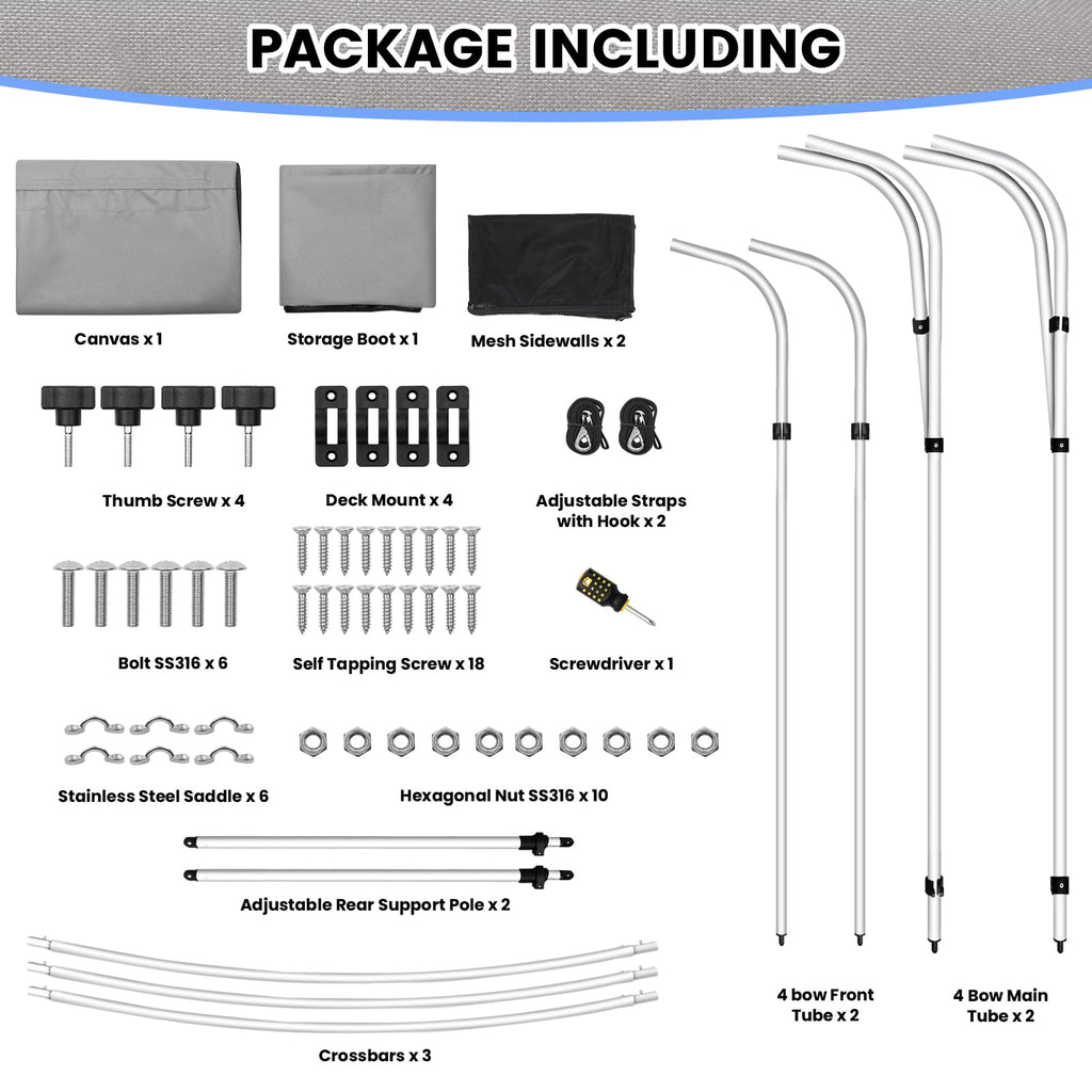 Garvee 3 Bow 6'L x 46" H x 61"-66" W Bimini Tops UV Protection Adjustable Poles Marine Grade Canvas Easy Install