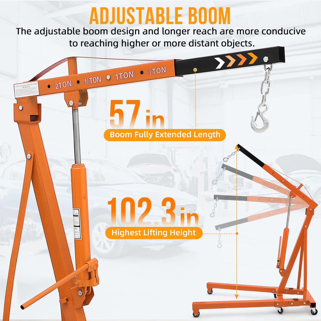 Garvee Cherry Picker Engine Hoist - 4400lbs Folding Hydraulic Engine Crane with 6 Casters and Telescopic Boom Hitch for Heavy-Duty Shop Use, Orange
