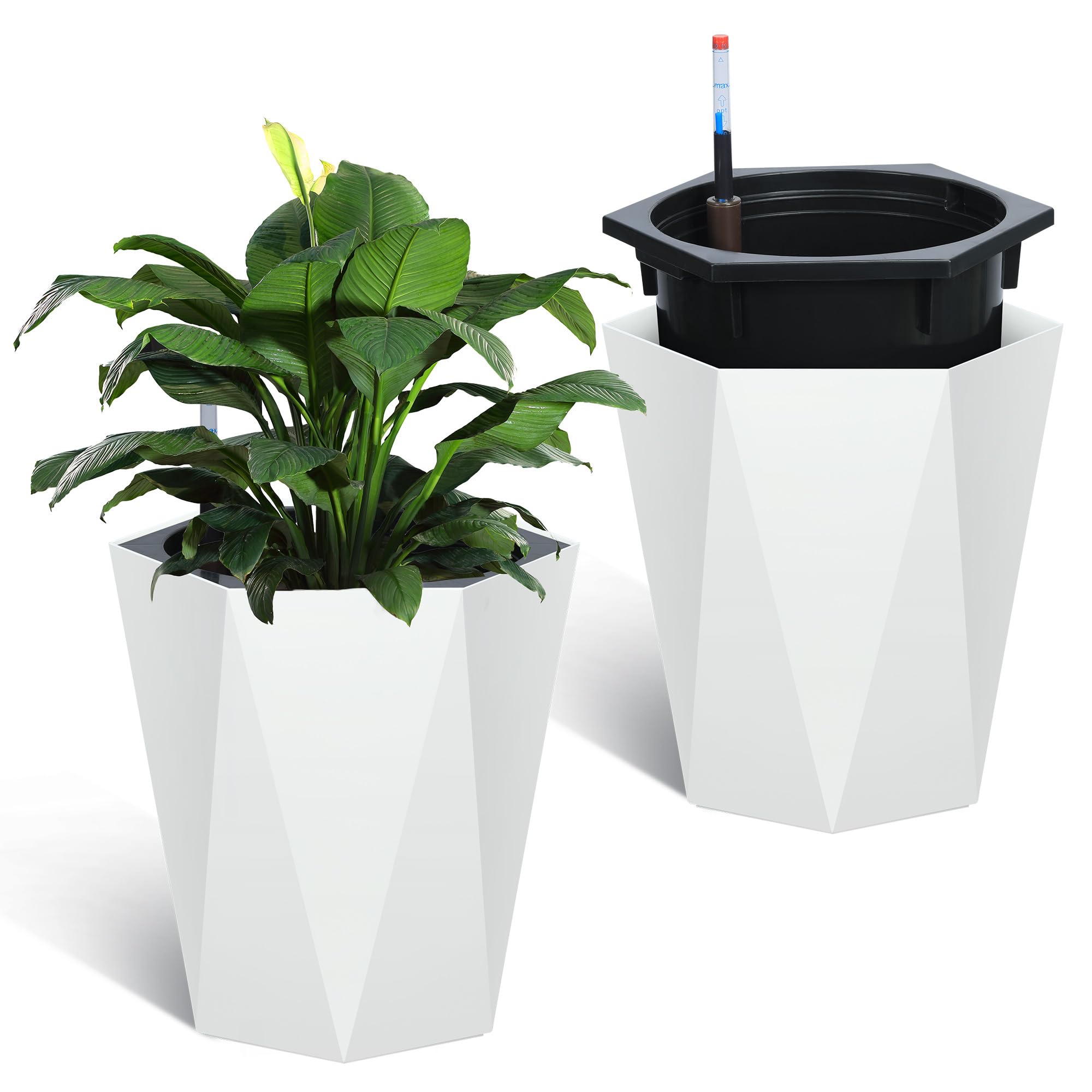 Garvee 16 Inch Tall Diamond Planters Set of 2, Self Watering Planters with Water Level Monitor and Wheels, Flower Pots Outdoor and Indoor for Patio, Porch, Living Room, Home Office, White