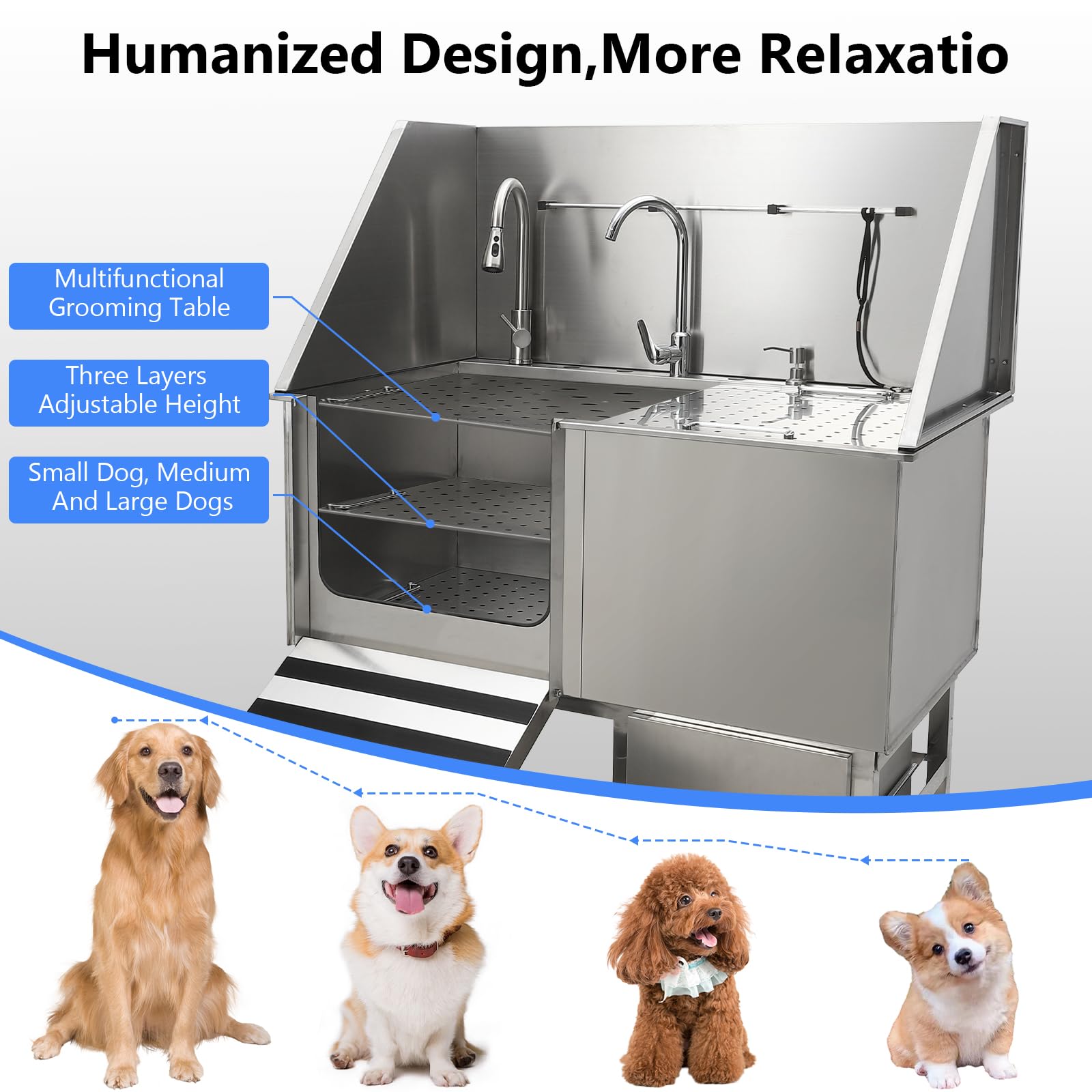 Garvee Professional Dog Grooming Bathing Station, Stainless Steel Dog Bathtub with Foldable Ramp, Storage Drawer, Floor Grate & Faucet/Dog Bathtub for Large, Medium & Small Pets - Left Door (50")