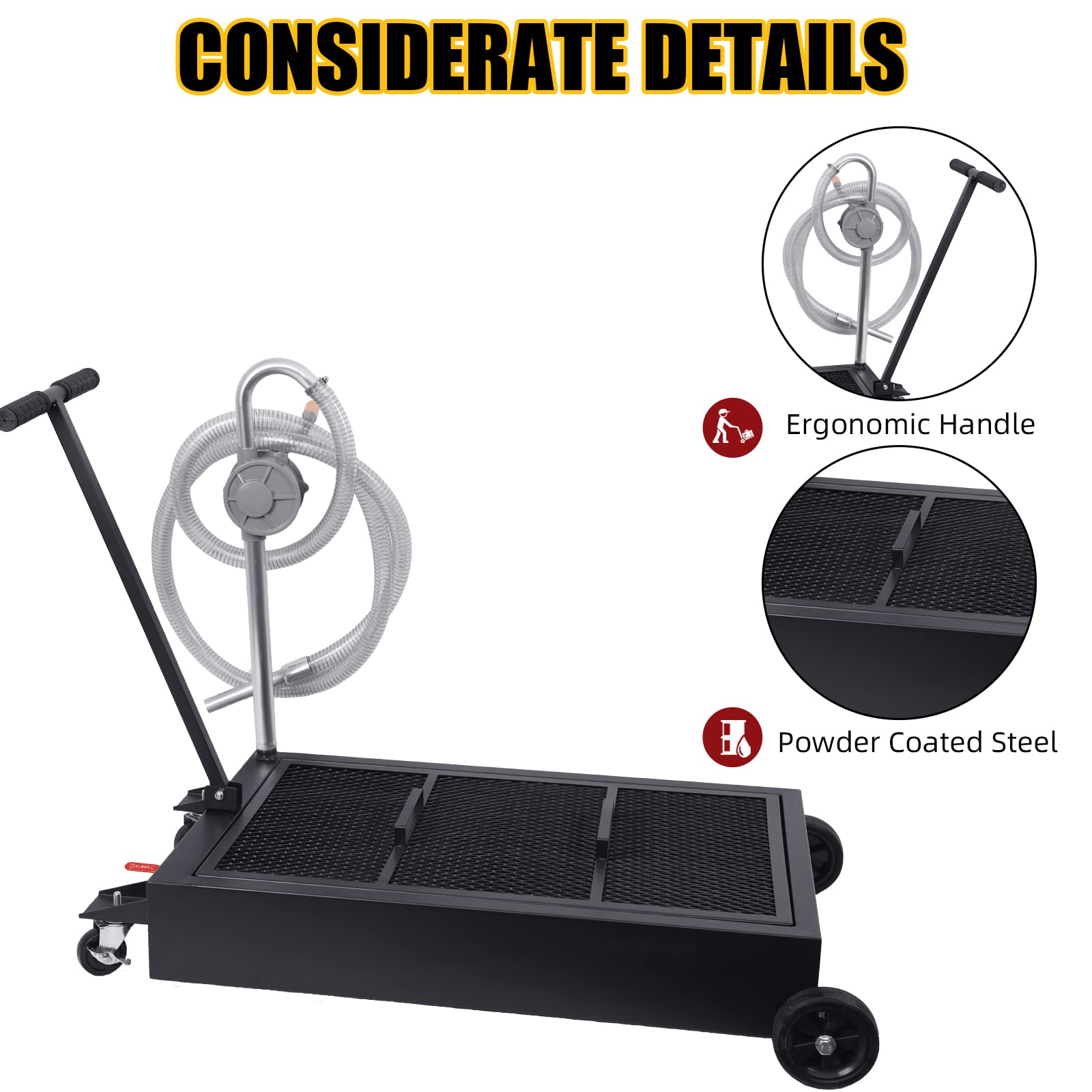 Garvee 20 Gallon Hand Pum Low Profile Portable Oil Drain Pan,with T-Handle,for Car,Suvs with Hose,Casters - Black