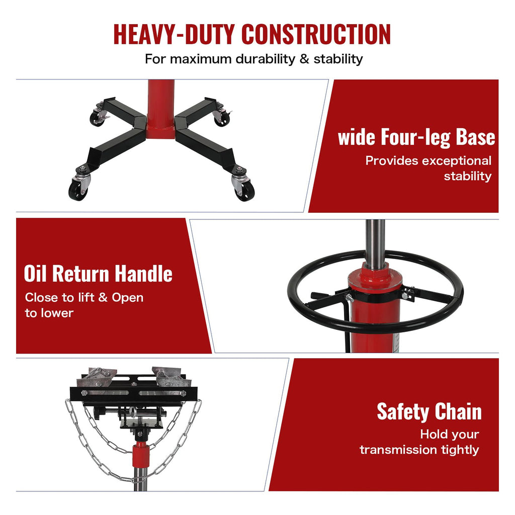Garvee Transmission Jack, (1/2 Ton) 1100 lbs Capacity 2 Stage Adjustable Hydraulic Telescopic Transmission Jack with Foot Pedal, 33.5"-69" High Lift and 360° Swivel Wheel, Garage/Shop Lift Hoist, Red