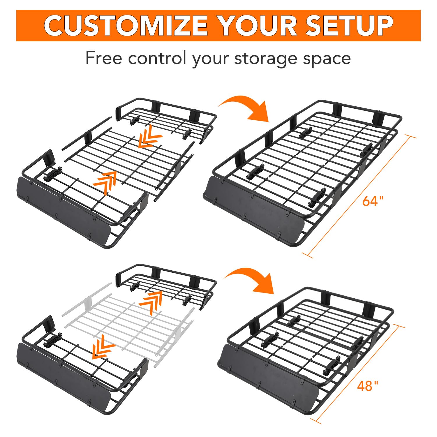 Garvee Rooftop Cargo Basket - 64" x 39" Steel Universal Roof Rack with Adjustable Size (48" x 39"), Includes Cargo Carrier Bag and Accessories, 200 lbs Capacity for SUVs, Trucks, and Vehicles