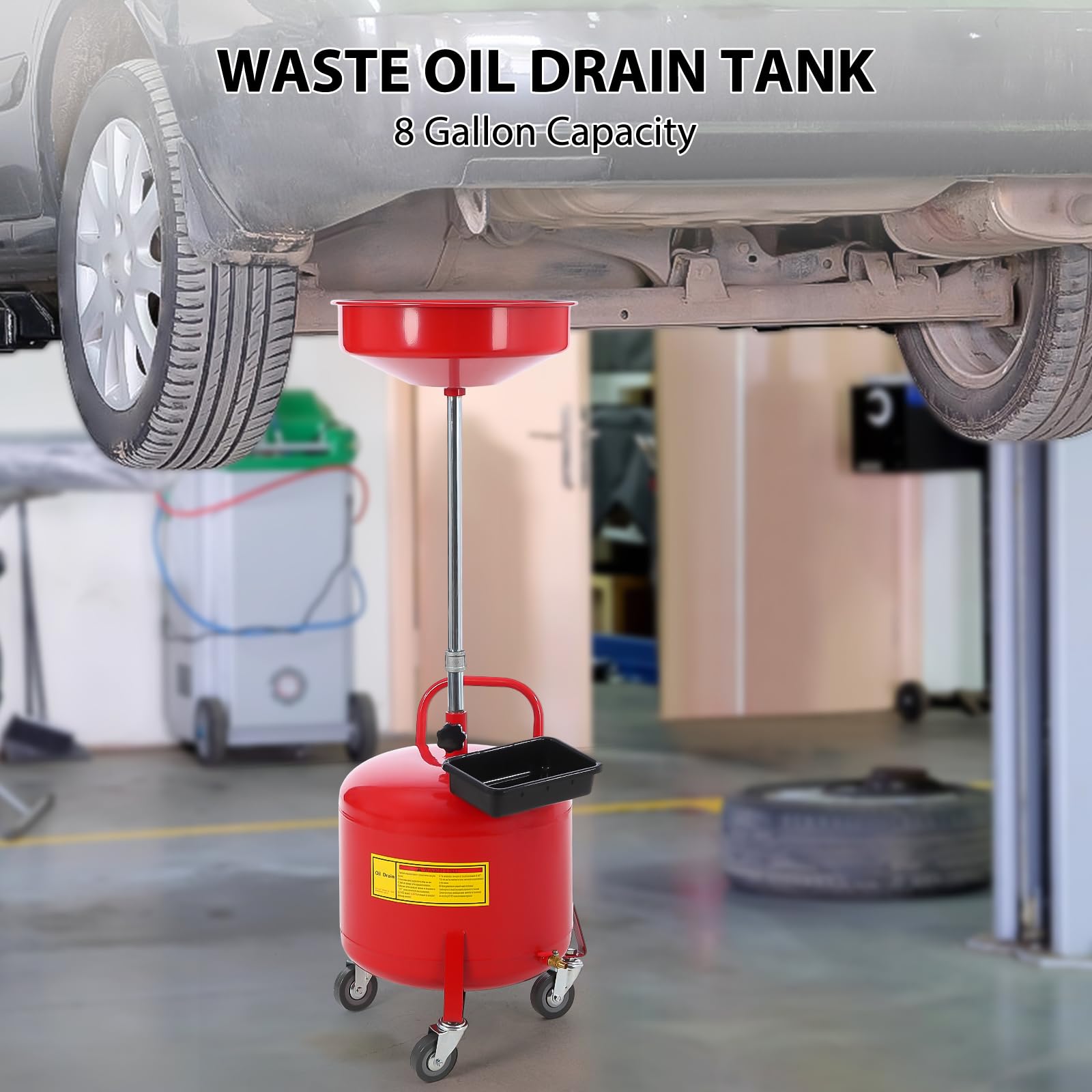 Garvee 8 Gallon Oil Drain Tank, Portable Oil Drain Container, Air Operated Drainer, Fluid Fuel Transfer Drainage, Adjustable Funnel Height with Wheel &15'' Premium Bowl and a Toolbox, Red