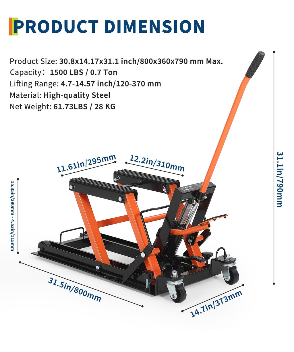 Garvee Hydraulic Motorcycle Lift Jack - 1500 lbs Capacity ATV Scissor Jack with 4.7"-14.57" Height Adjustment, Non-Slip Platform for Motorcycles, ATVs, and UTVs, Black Orange