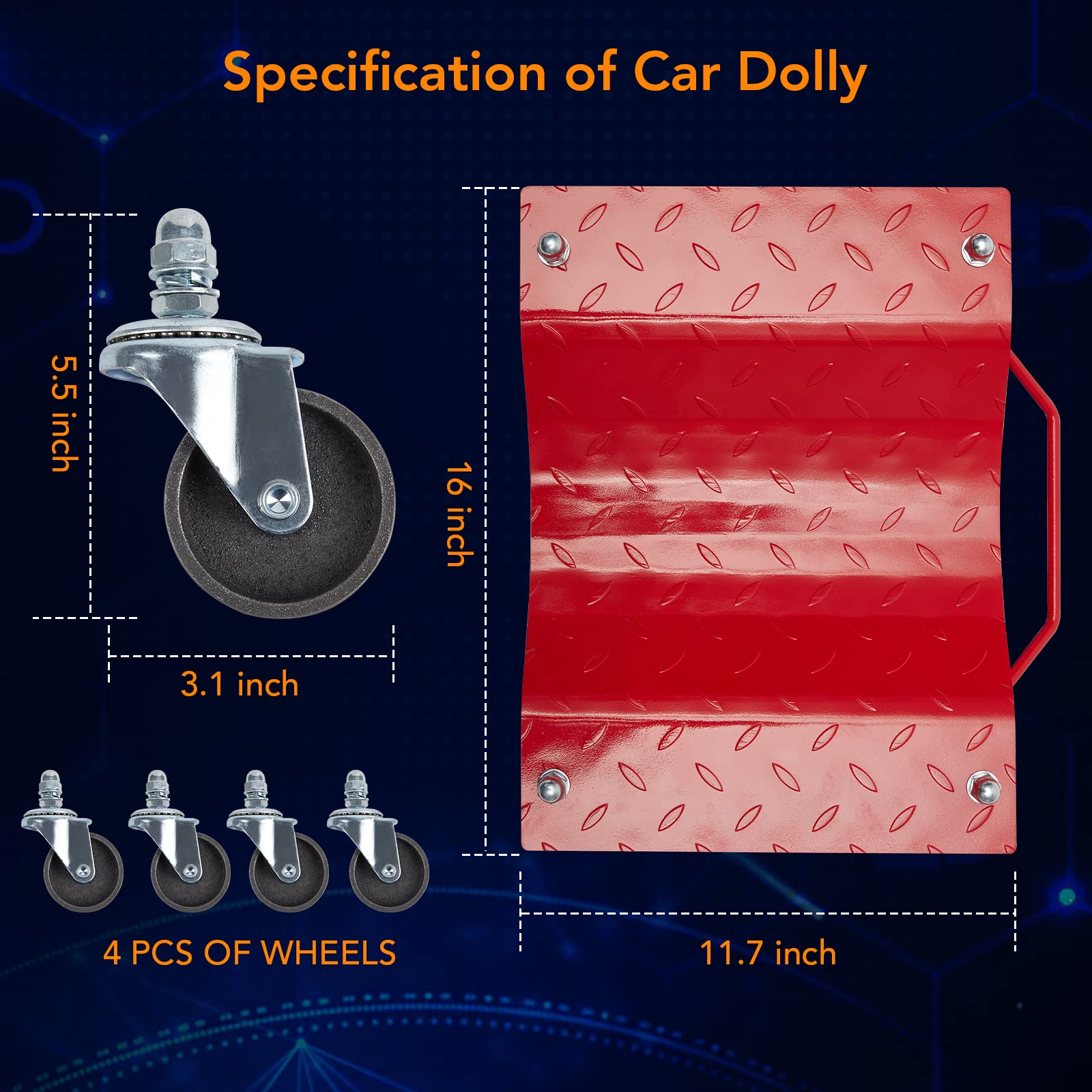 Garvee 4-Pack 6000 lb Steel Car Dollies, 12" × 16" anti-slip platforms, for Vehicle Moving & Garage Storage, Red