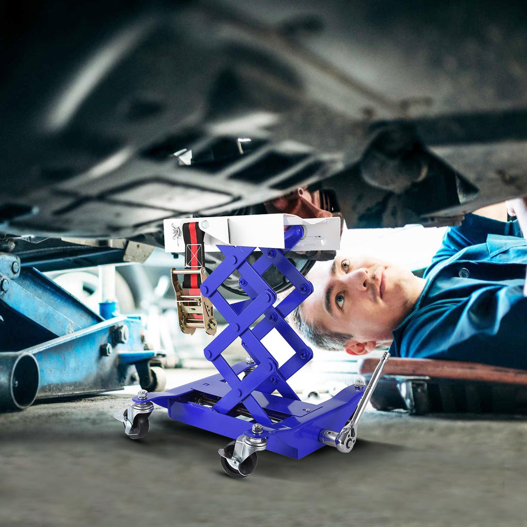 Garvee 450 LBS Capacity Low Profile Transmission Jack with 2M Safety Straps, 7-23 in Lift Range, Heavy Duty Auto Repair Lifting Jack with 4 Wheels for for Smaller Vehicles, Blue