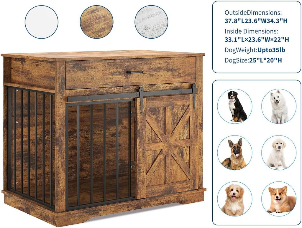 Garvee 37.8"W Dog Crate Furniture for Small/Medium Dogs, 2-in-1 Iron-Wood Fusion Dog Cage Indoor As Side End Table, Farmhouse Dogs Kennel with Sliding Barn Doors & Storage Drawer, Brown