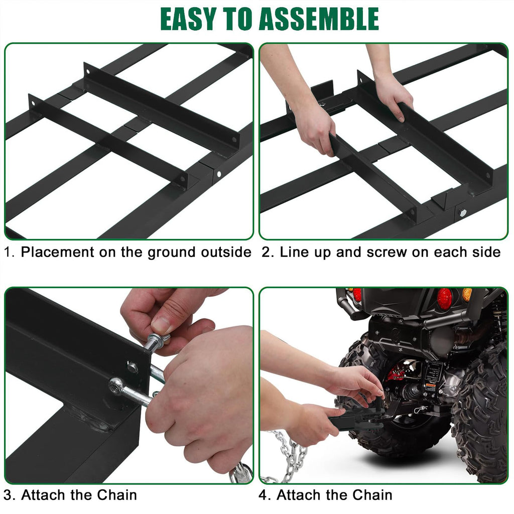 Garvee 8FT Drag Harrow Driveway Grader, Heavy Duty Power Rake, Driveway Drag for Gravel W/ 6 FT Chain, Tow Behind Lawn Rake for ATV, UTV, Tractor, Mower, Land Leveler for Gravel, Sand, Soil, Hay