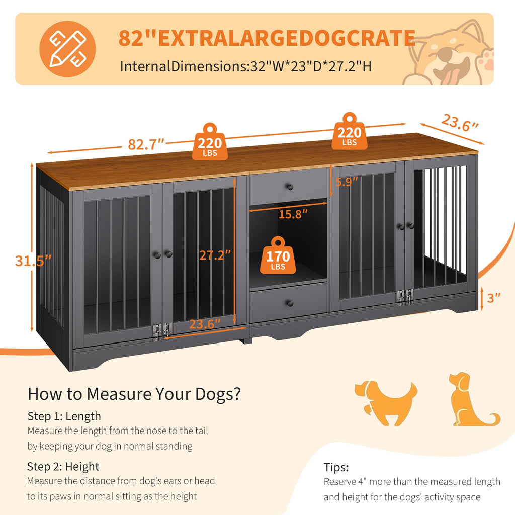 Garvee Dog Crate Furniture 83'' Indoor Dog Kennel with 4 Lockable Doors and 2 Drawers for Medium and Large Dogs, Black, Multi-Functional