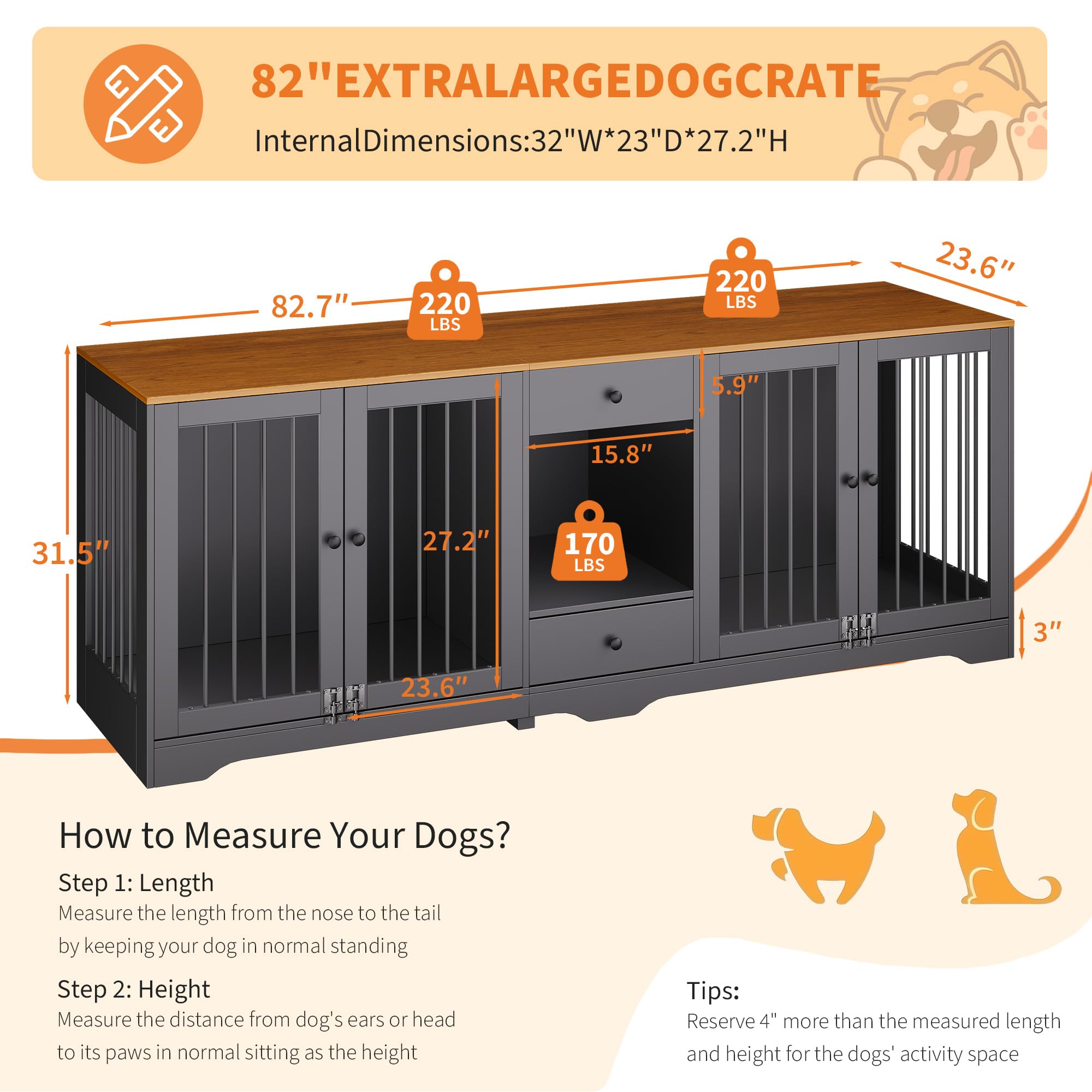 Garvee Dog Crate Furniture 83'' Indoor Dog Kennel with 4 Lockable Doors and 2 Drawers for Medium and Large Dogs, Black, Multi-Functional