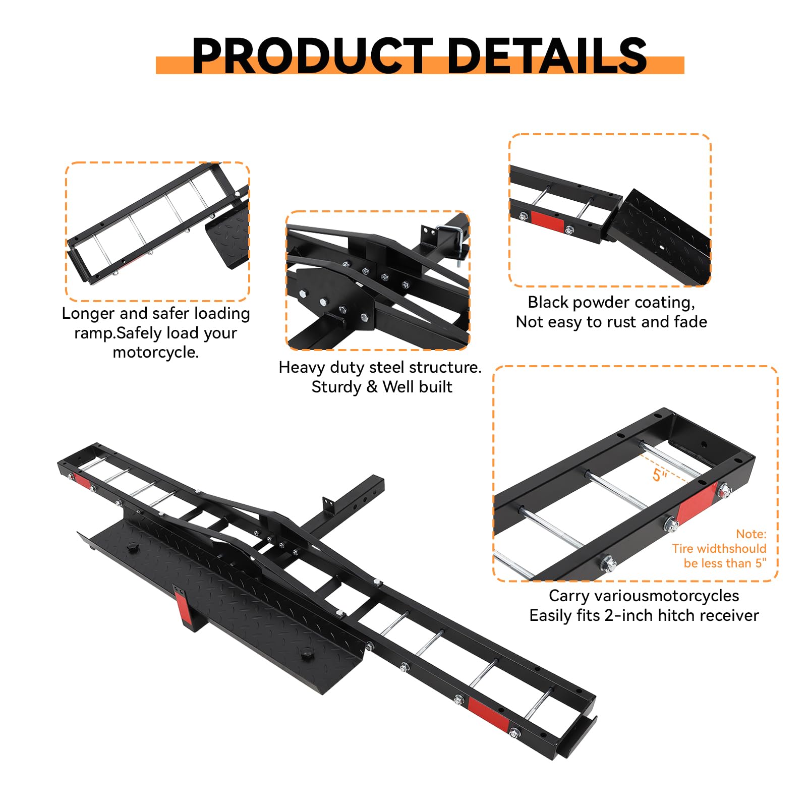 Garvee Motorcycle Hitch Carrier with Ramp - 500 lbs Capacity Heavy-Duty Steel Dirt Bike Hauler, Motorcycle Rack for Bicycle and Dirt Bike, Fits Tires up to 5.5" Wide, 2" Hitch Receiver