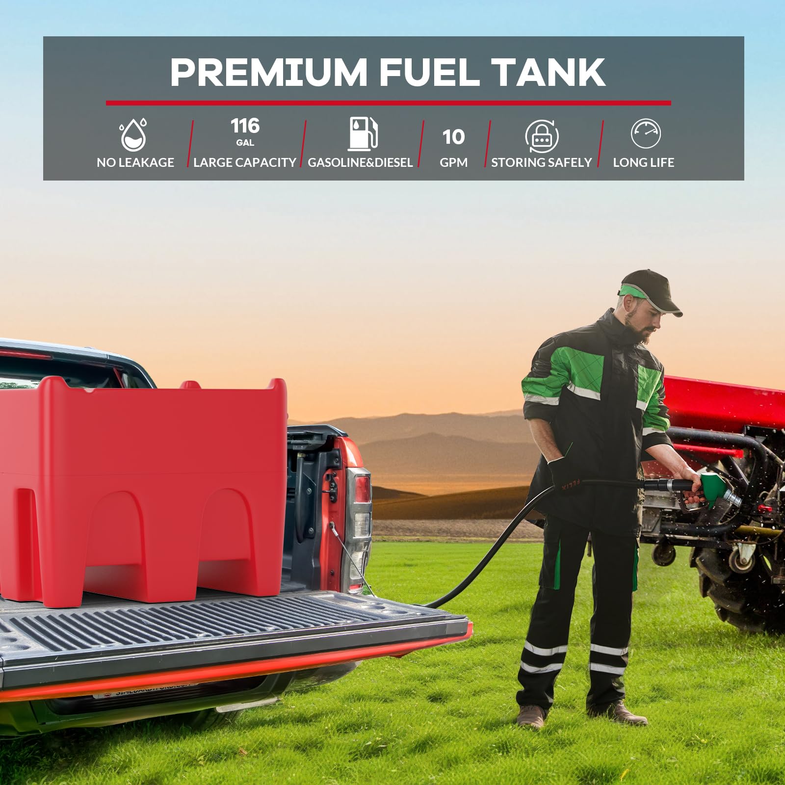 Garvee 116 Gallon Portable Fuel Tank, Gasoline Transfer Tank with 12V Electric Pump, 10 GPM Flow Rate, 13.1ft Hose, Auto Fueling Nozzle, Durable Design for Easy Transportation (Red)