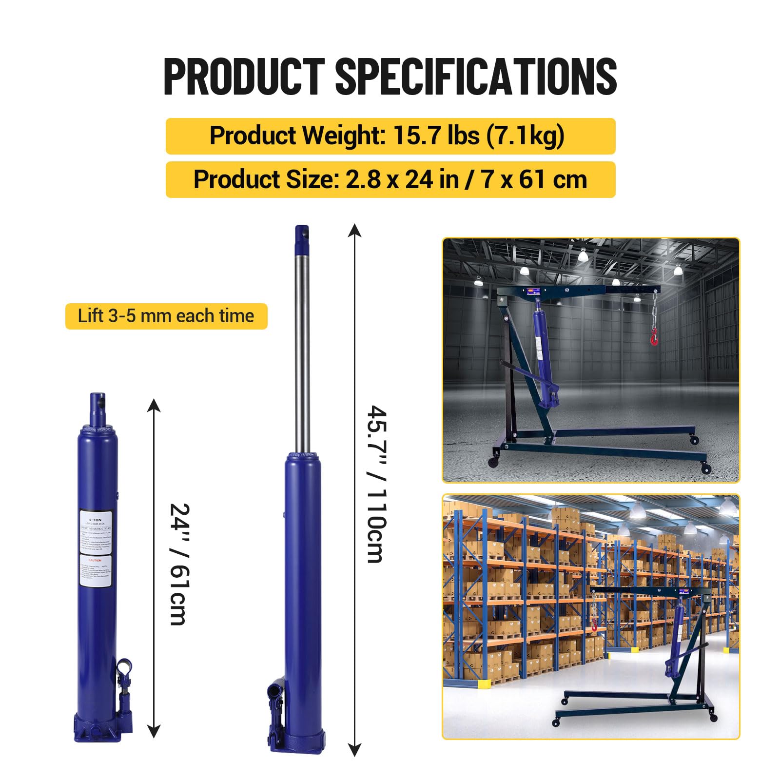 Garvee 8 Ton Hydraulic Long Ram Jack with Single Piston Pump, Flat Base, 24-43.7 Inch Lift for Truck Engine Hoist