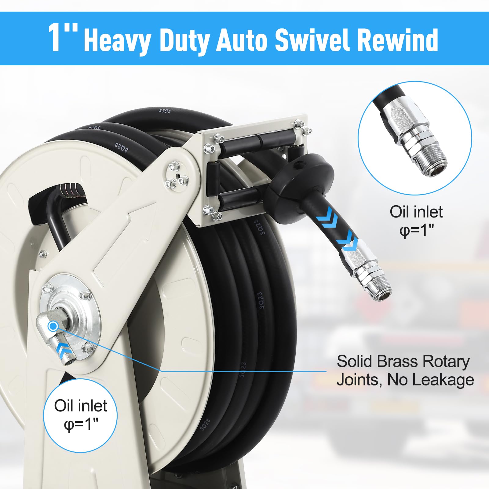 Garvee 1"x50" Fuel Hose Reel with 360° Swivel Standard Fueling Nozzle, Retractable Heavy Duty Steel Construction Reel, 300PSI Industrial Auto Swivel, Spring Driven Diesel Hose Reel for Construction, with Cover Waterproof