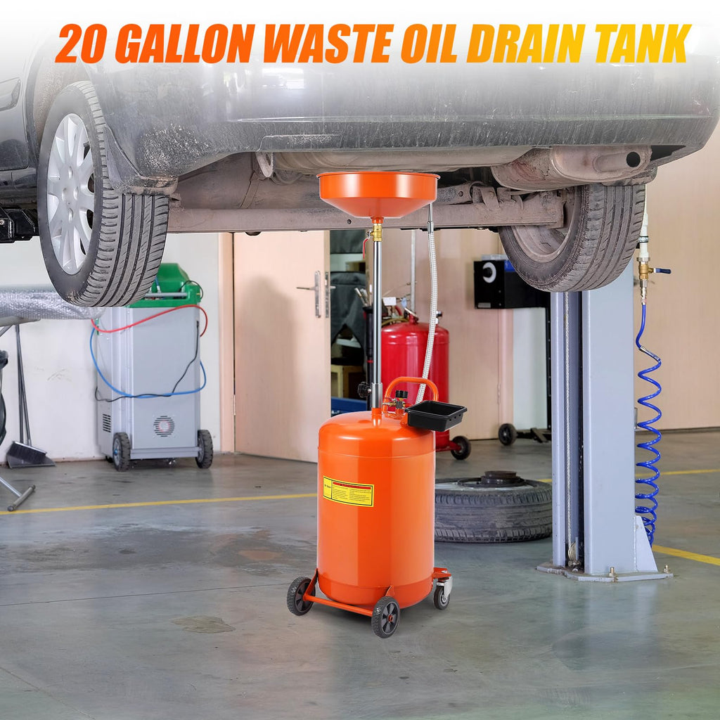Garvee 20 Gallon Oil Drain Tank, Portable Oil Drain Container with Adjustable Funnel Height 38"-65", Air Operated Drainage Fluid Fuel Transfer Drainage with 360° Wheels & Toolbox