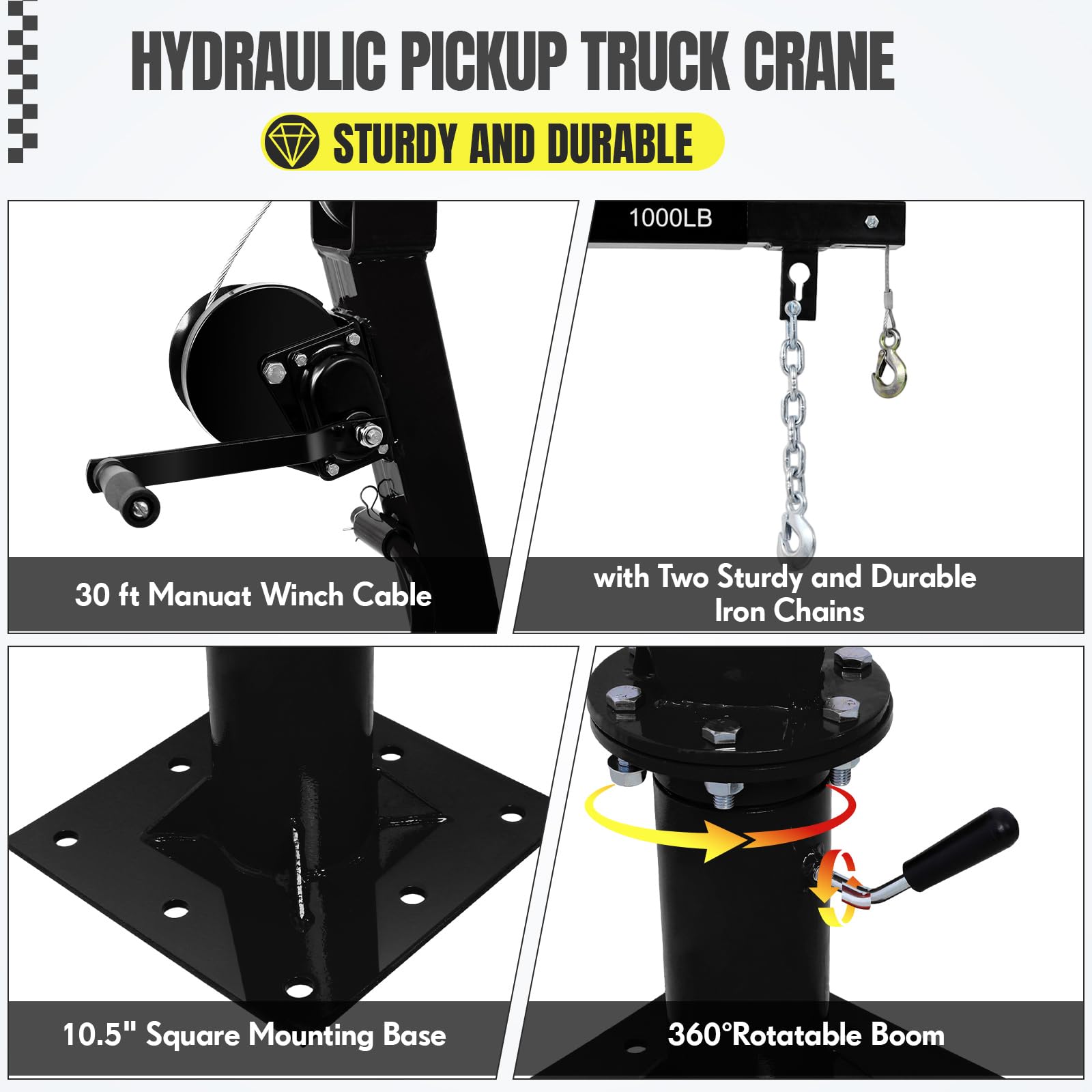 Garvee Pickup Truck Crane with Hand Winch, 2000 LBS Capacity, 360° Swivel Jib Engine Hoist, Folding Electric Winch, Black - Construction, Forestry, Factory Use