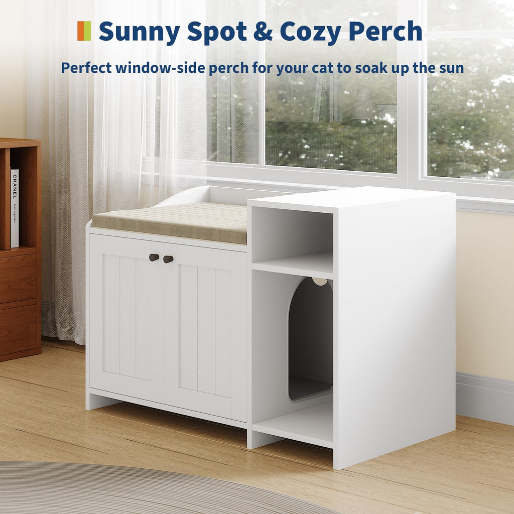 Garvee Cat Litter Box Enclosure Furniture Hidden Litter Box Cabinet Indoor Wooden Cat Washroom Pet House Dog Proof Hideaway Side End Table with Storage White 33.9in L x 19.7in W x 24.2in H