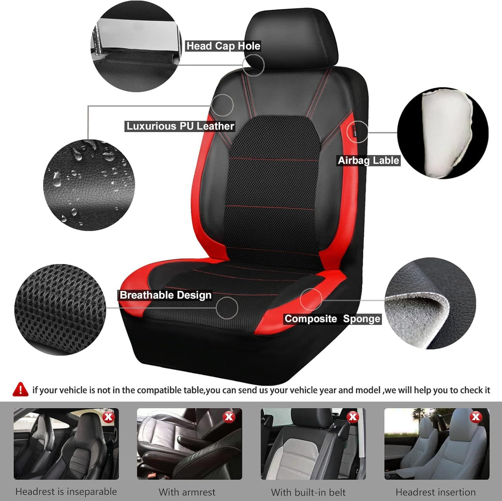 Garvee Universal 9 Pcs Car Seat Covers Full Set, Leather Protectors for 5-Seat Cars, SUVs, Vans, Waterproof Red